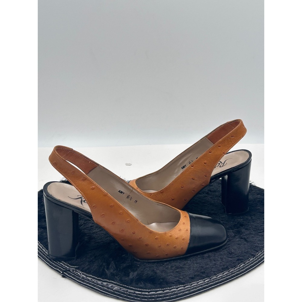 Renetti Amy Slingback Heels Ostrich Embossed Leather Black Toe Block Heel 6.5M - Picture 9 of 13